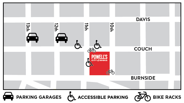 Map representing locations of parking garages, accessible parking and bike racks. Parking Garages can be found near the corners of NW Couch and 12th, NW Couch and 13th. Accessible parking spots can be found on NW Couch st between 10th and 12th and also on 11th between NW Couch and W Burnside. Bike racks can be found near the corner of NW Couch and 11th, or West Burnside and 10th.