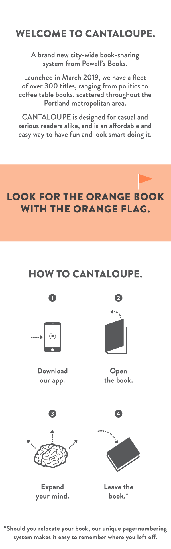 Welcome to Cantaloupe. A brand new city-wide book-sharing system from Powell's Books. Launched in March 2019, we have a fleet of over 300 titles, ranging from politics to coffee table books, scattered throughout the Portland metropolitan area. Cantaloupe is designed for casual and serious readers alike, and is an affordable and easy way to have fun and look smart doing it. Look for the orange book with the orange flag. How to cantaloupe. Download our app. Open the book. Expand your mind. Leave the book.* Should you relocate your book, our unique page-numbering system makes it easy to remember where you left off.