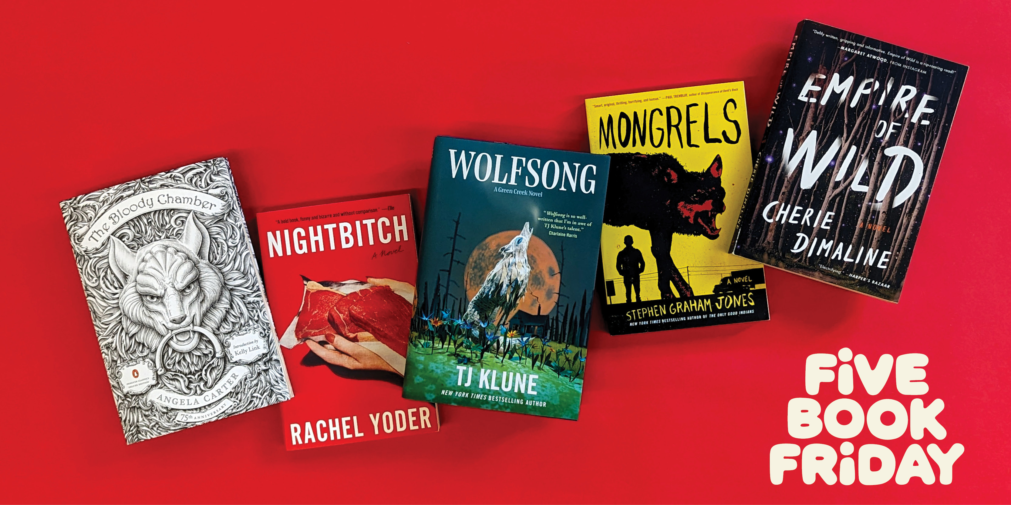 A photo of five books about werewolves spread out on a red surface