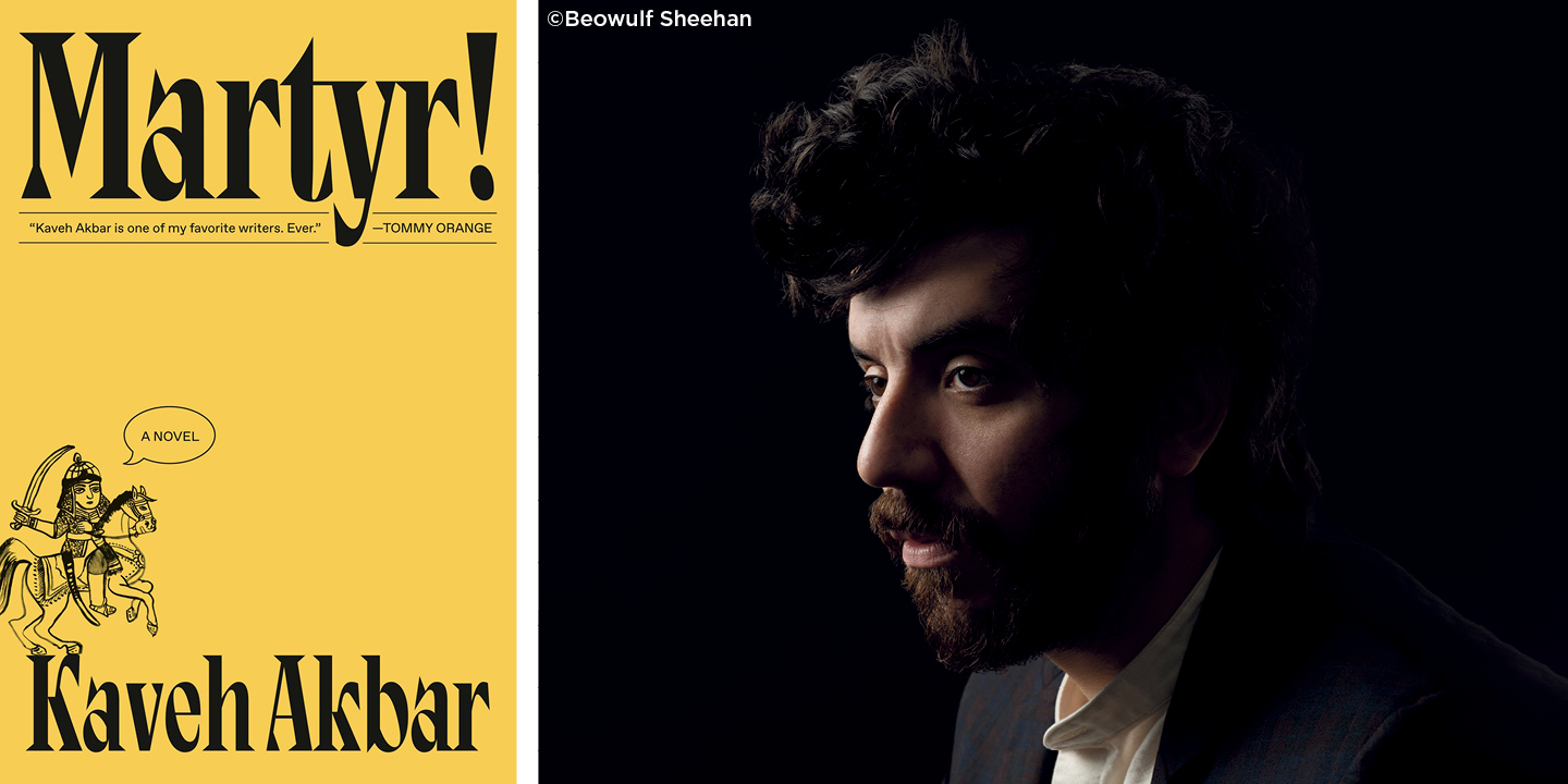 Kaveh Akbar pictured next to the cover of his novel 'Martyr'