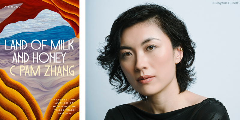A photo of author C Pam Zhang next to the cover of her newest novel, Land of Milk and Honey