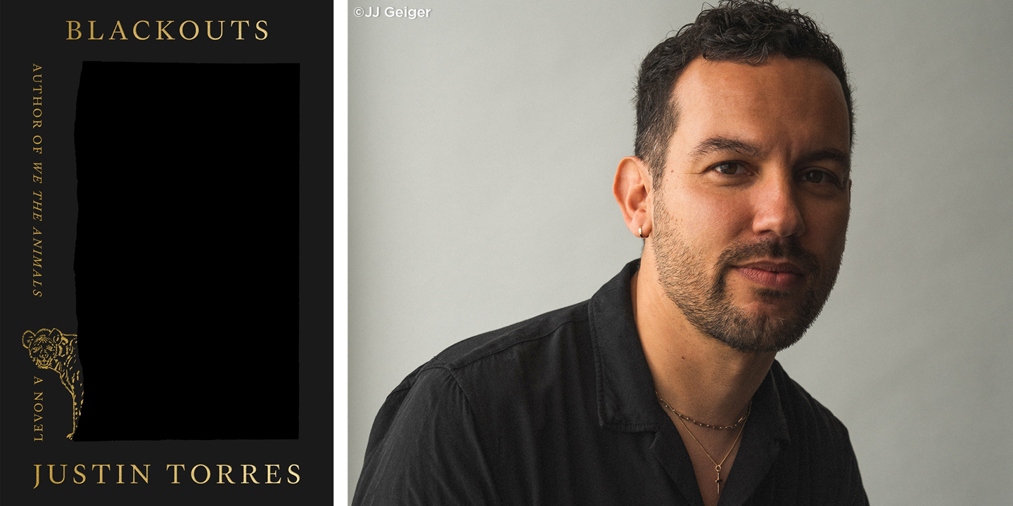 Author Justin Torres pictured next to the cover of his novel 'Blackouts'