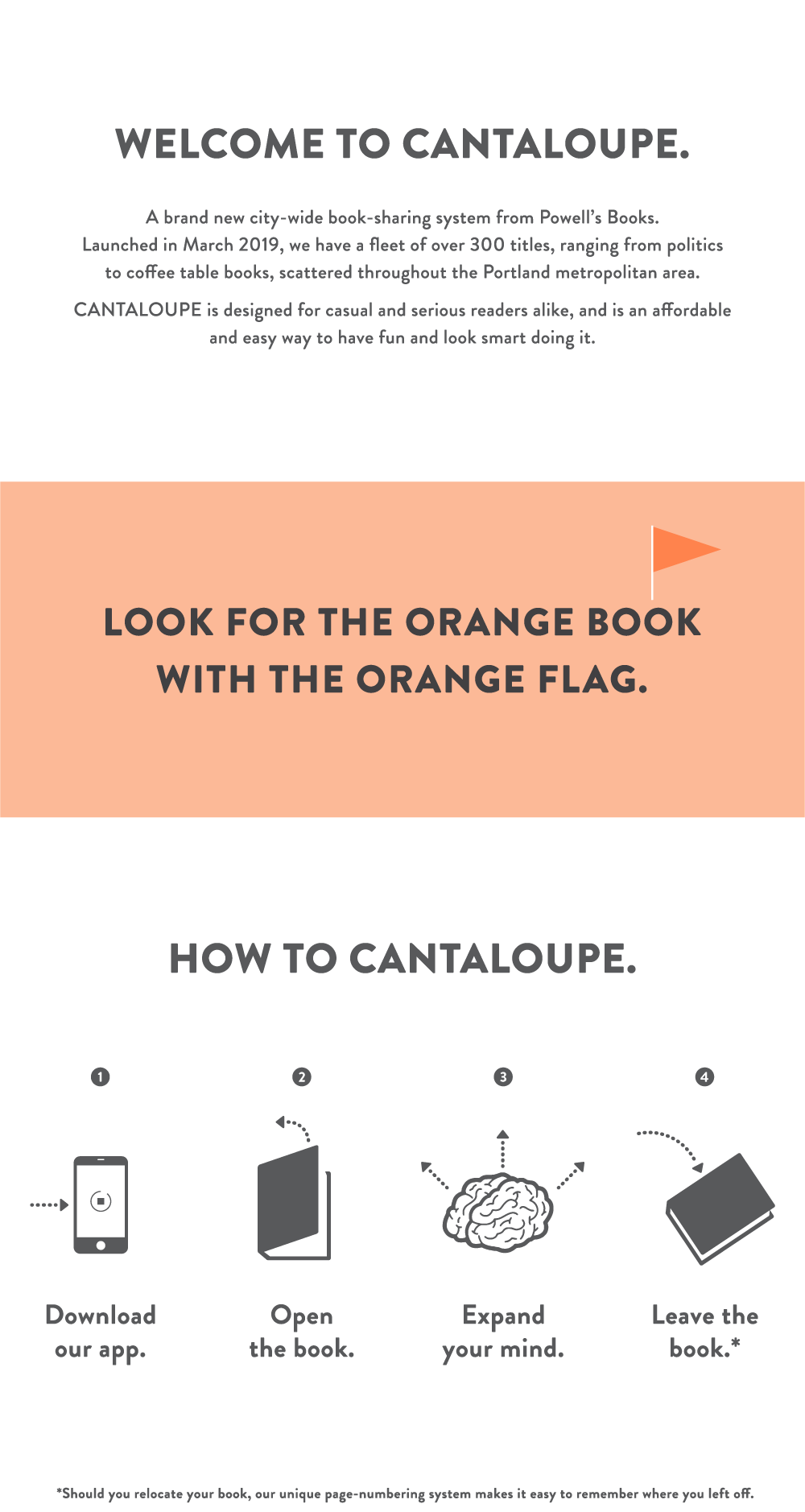 Welcome to Cantaloupe. A brand new city-wide book-sharing system from Powell's Books. Launched in March 2019, we have a fleet of over 300 titles, ranging from politics to coffee table books, scattered throughout the Portland metropolitan area. Cantaloupe is designed for casual and serious readers alike, and is an affordable and easy way to have fun and look smart doing it. Look for the orange book with the orange flag. How to cantaloupe. Download our app. Open the book. Expand your mind. Leave the book.* Should you relocate your book, our unique page-numbering system makes it easy to remember where you left off.