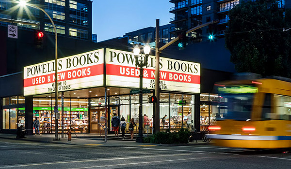 Powell's City of Books marquee at night