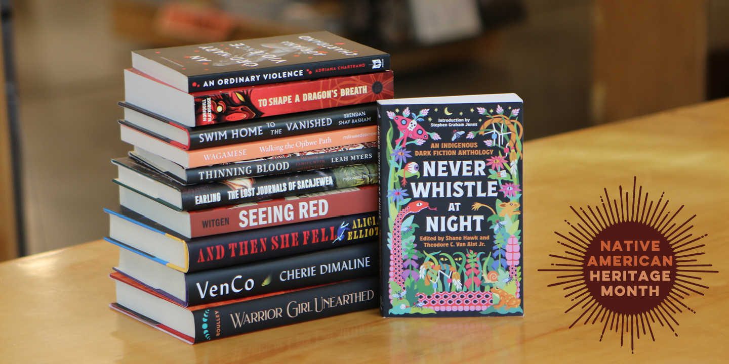A Photo of a stack of new releases featured in our blog post celebrating Native American Heritage Month