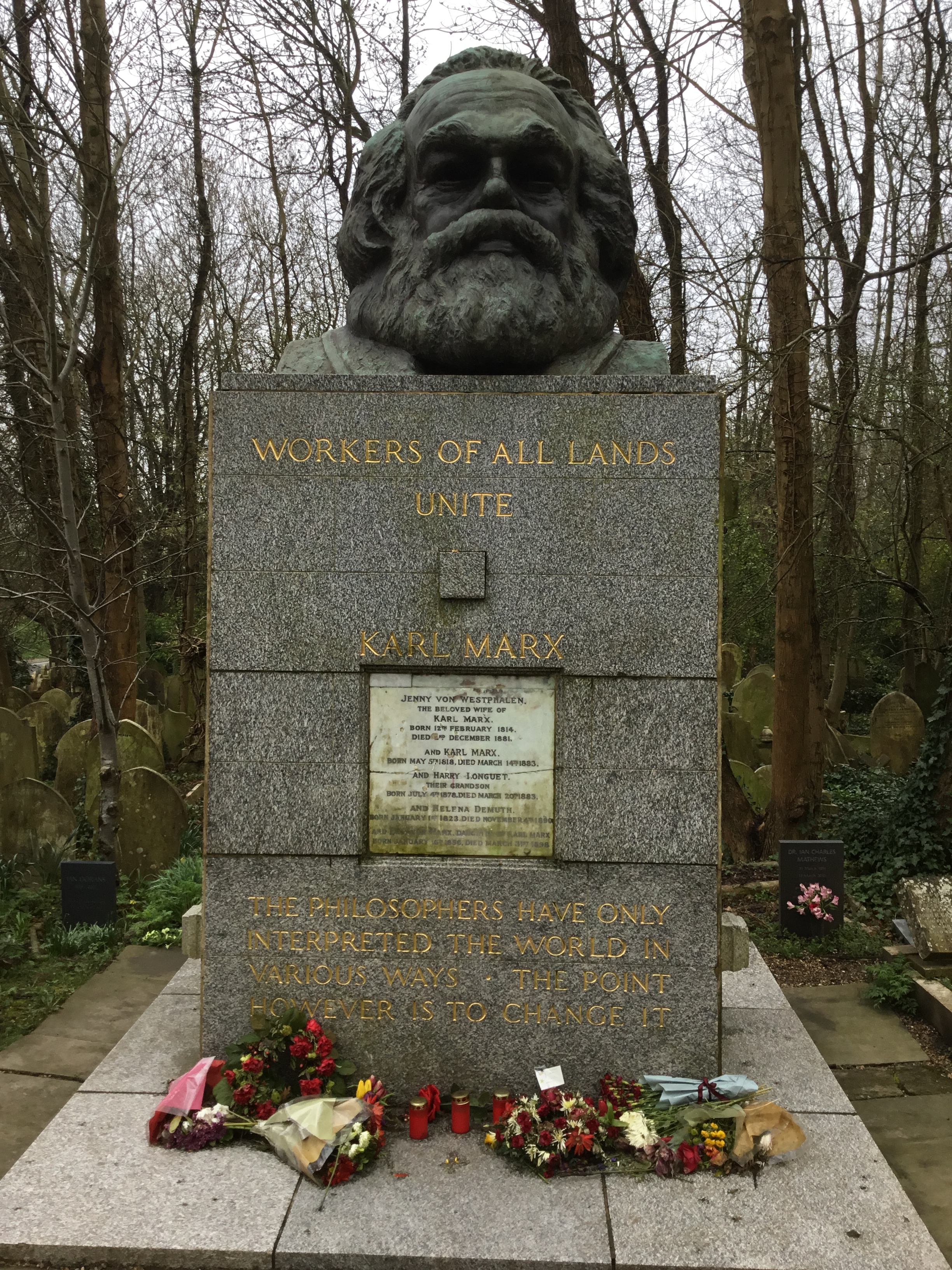A photo of Marx’s grave. Since my father is in London right now, I asked him to return to Highgate Cemetery and take this photo. It’s by him: Rick Abel.