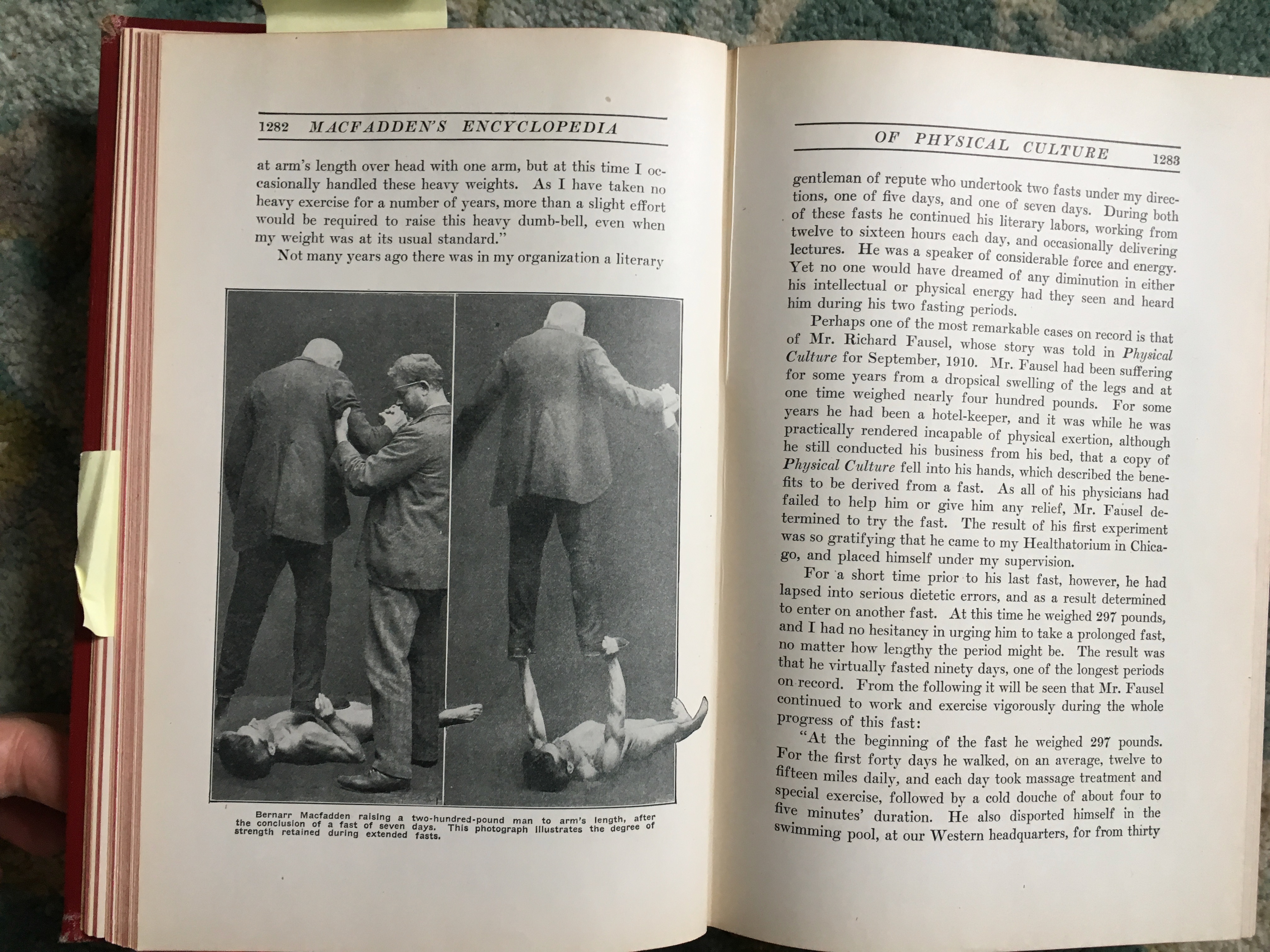 From the 1920 edition, in which MacFadden lifts a large man after fasting for a week.
