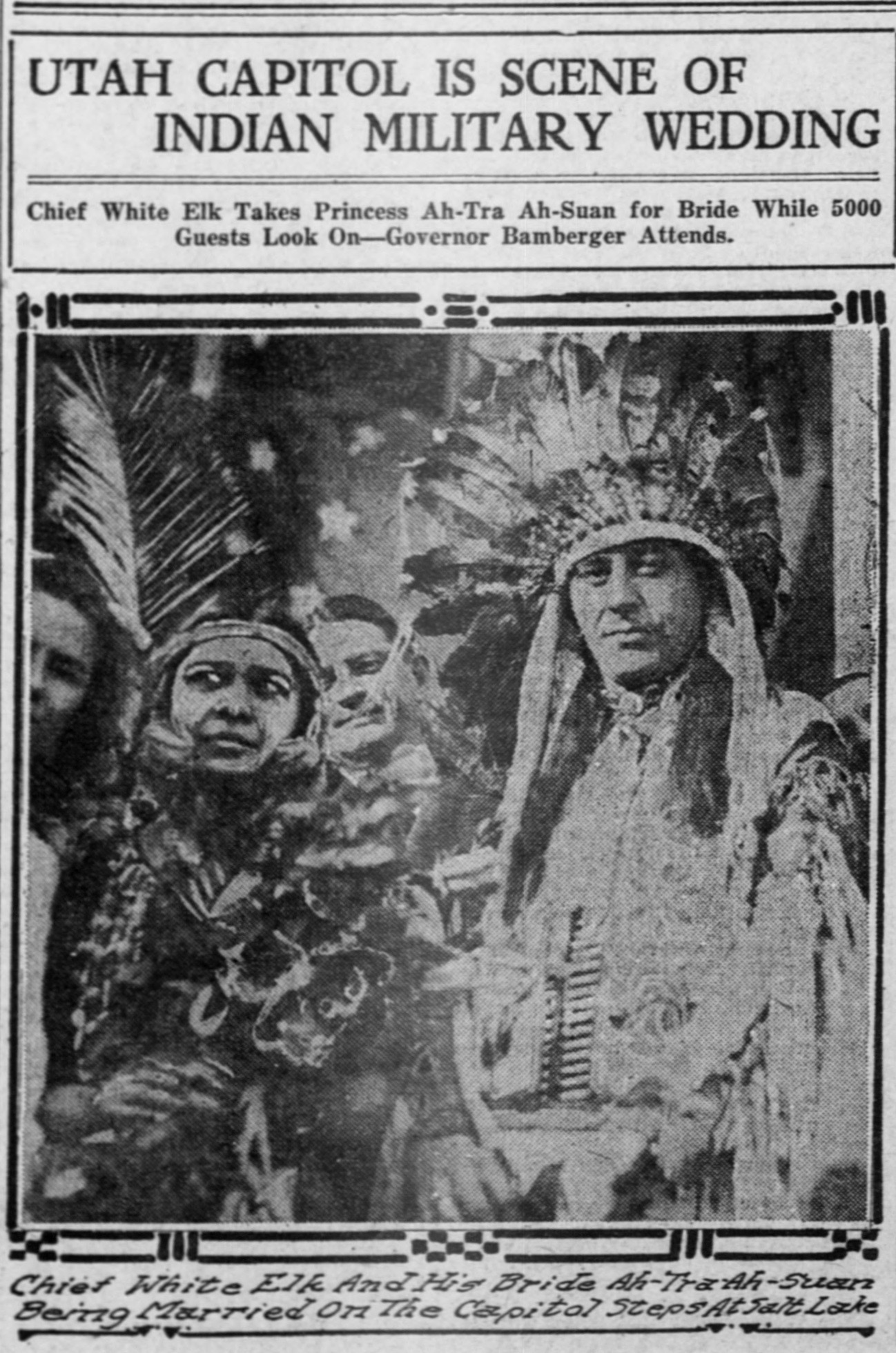 Newspaper story about Chief White Elk's first marriage, March 1918.