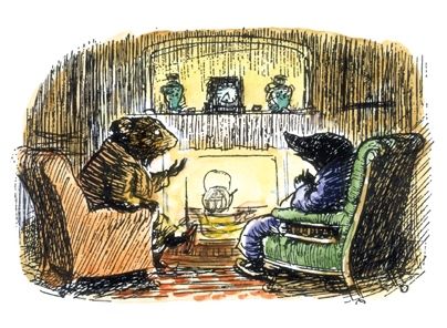 Small illustration of two animals in front of a fire from 'The Wind in the Willows'.
