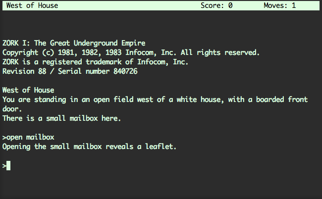 Screenshot of ZORK: West of House. You are standing in an open field west of a white house, with a boarded front door. There is a small mailbox here. open mailbox. Opening the small mailbox reveals a leaflet. 