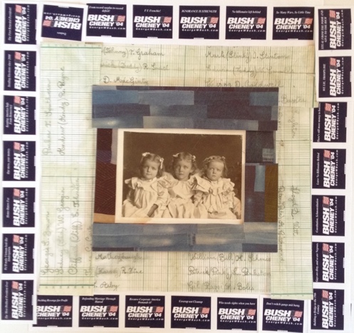 A photograph of three girls surrounded by Bush/Cheney '04 campaign stickers.